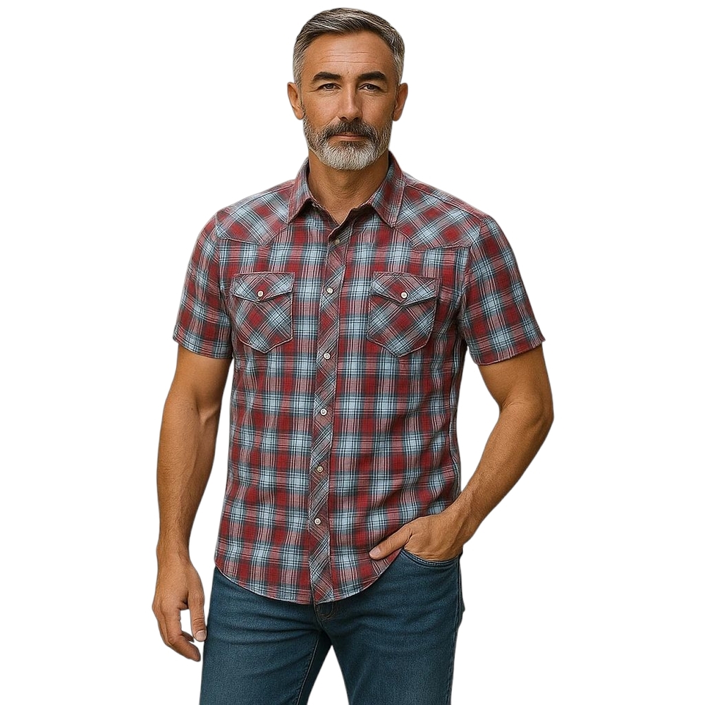 Wrangler Pearl Snap Button Short Sleeve Red Navy Sky Blue White Plaid Shirt 2XL